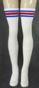 Skater Socks 35" White w Royal Blue and Red Stripes